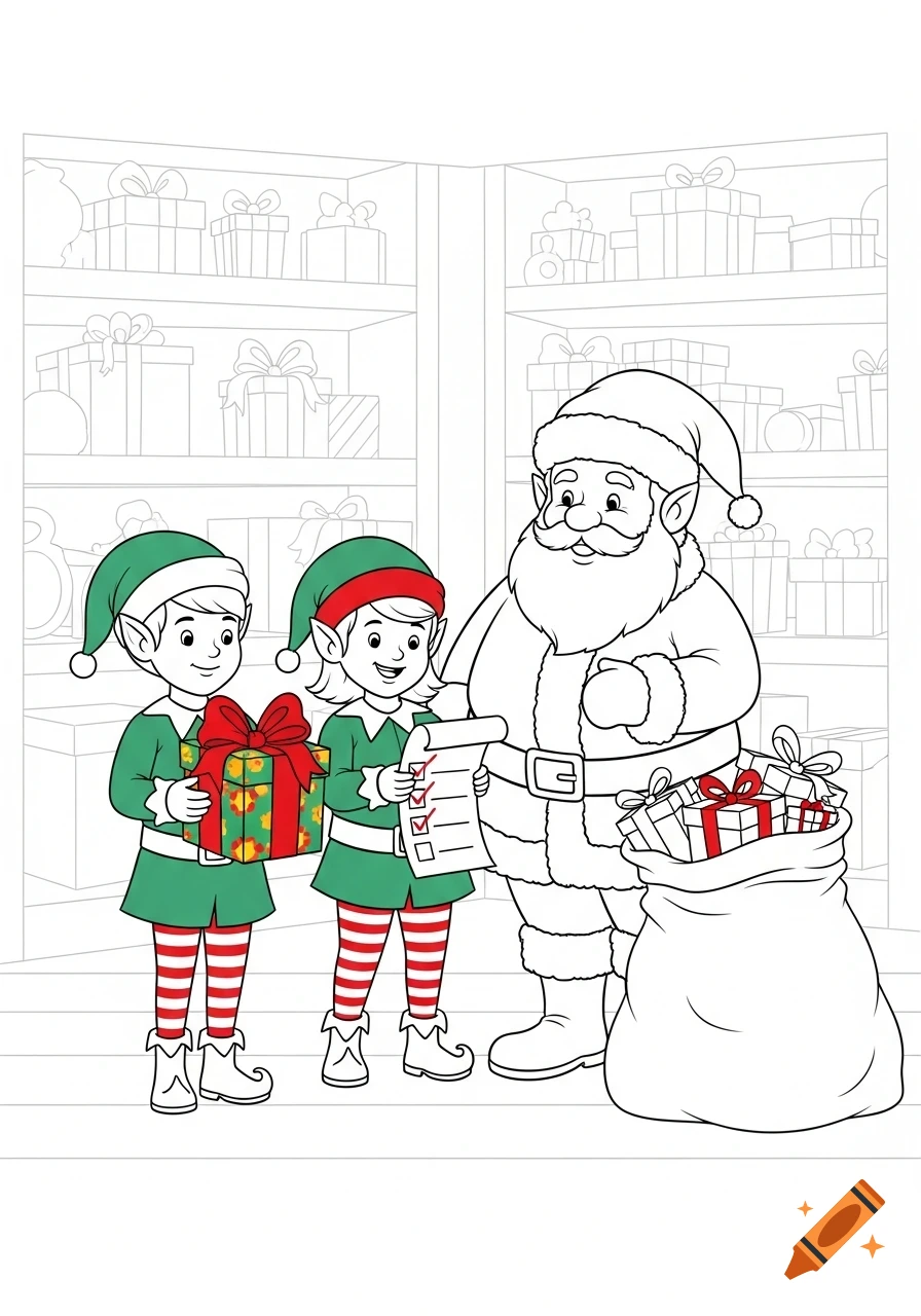 Santa Claus with two elves, one holding a gift and the other a checklist, surrounded by gifts in a coloring book style.