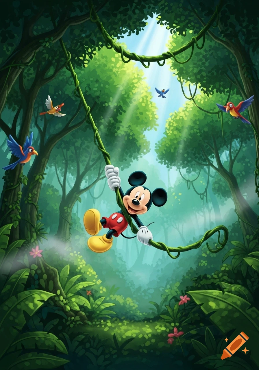 Mickey Mouse swings on a long green vine in a lush cartoon jungle with colorful birds and sun rays.
