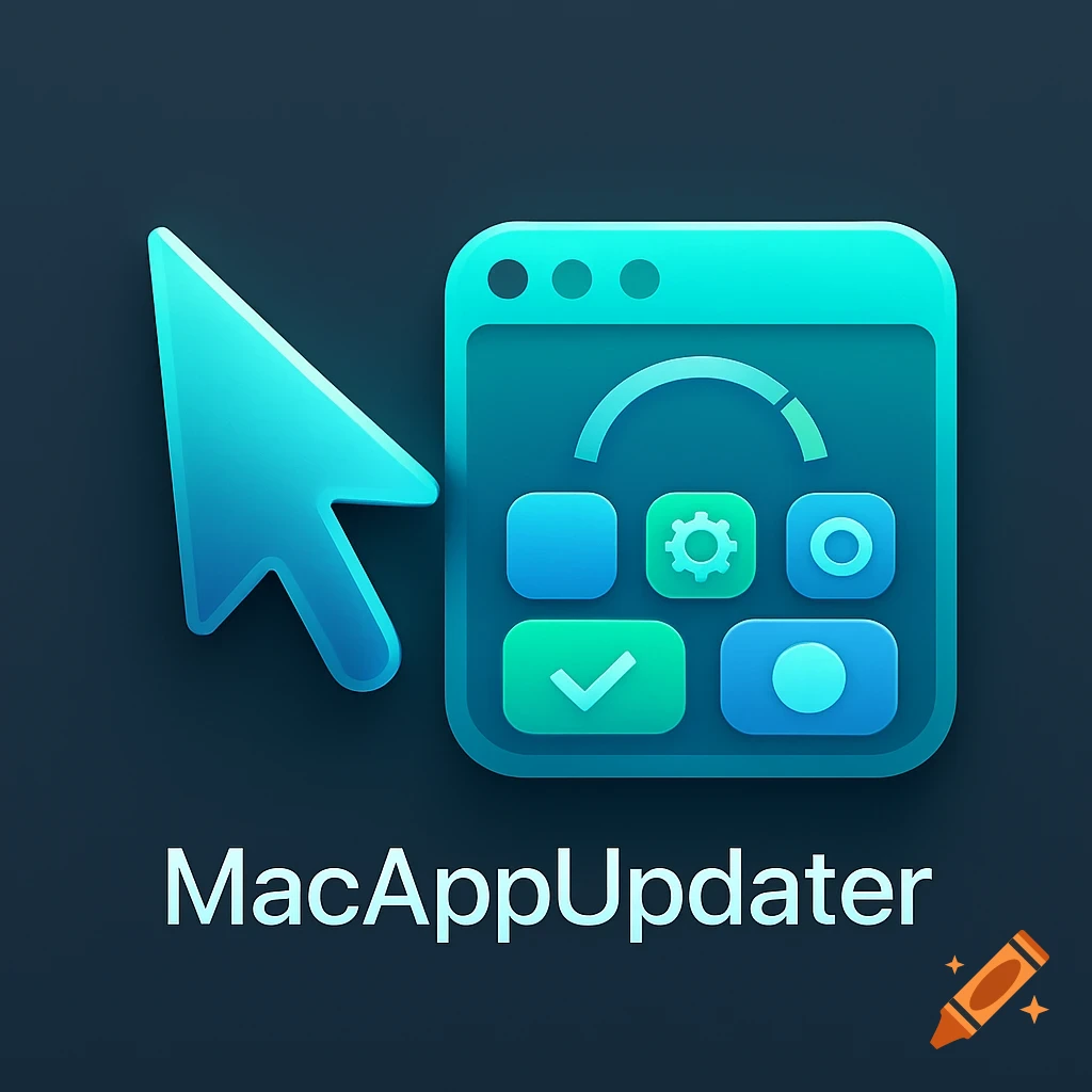 A stylized app icon featuring a blue mouse cursor pointing at a teal app window, with "MacAppUpdater" text below.