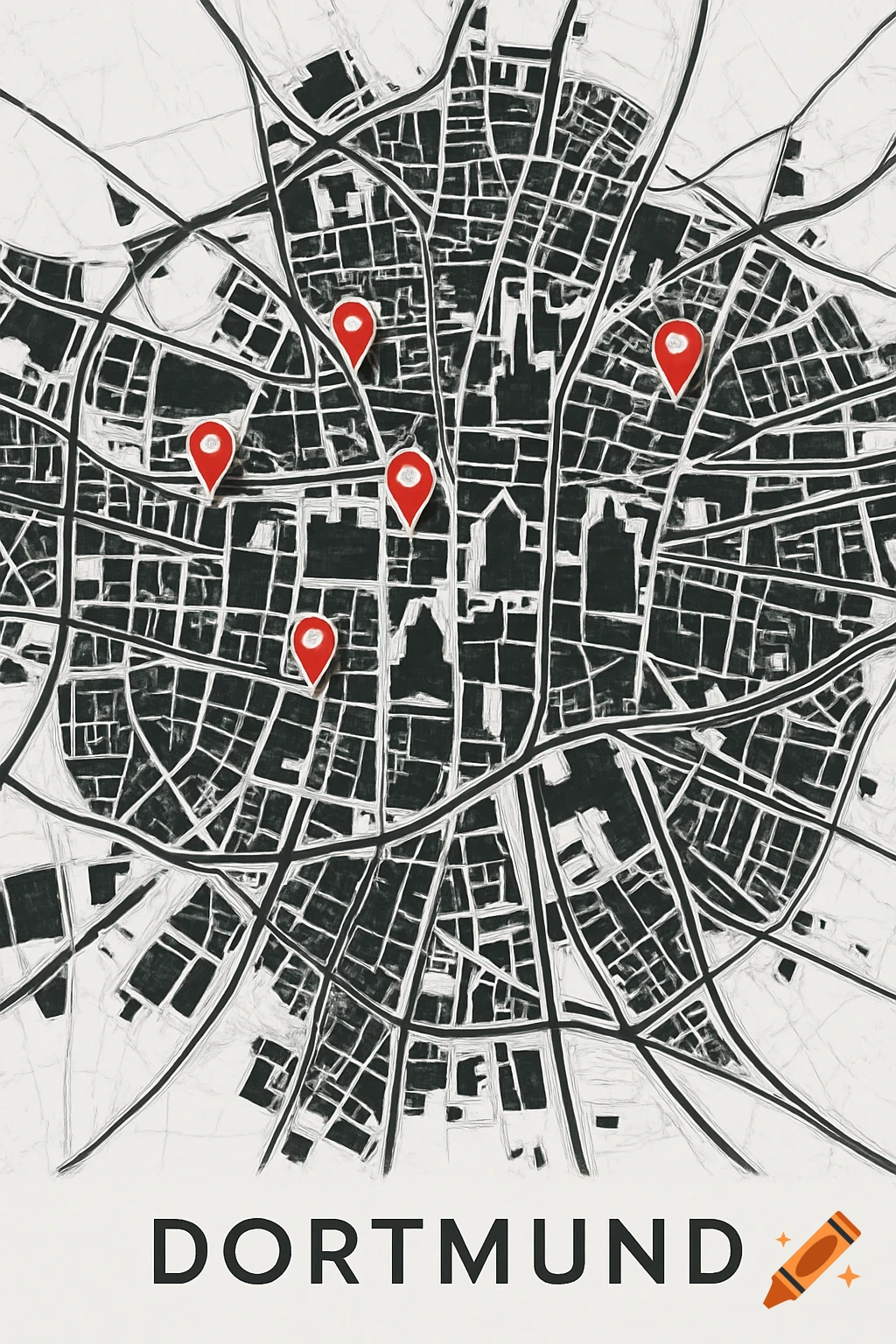 Stylized black and white map of Dortmund with red location pins and the city name "DORTMUND" at the bottom.