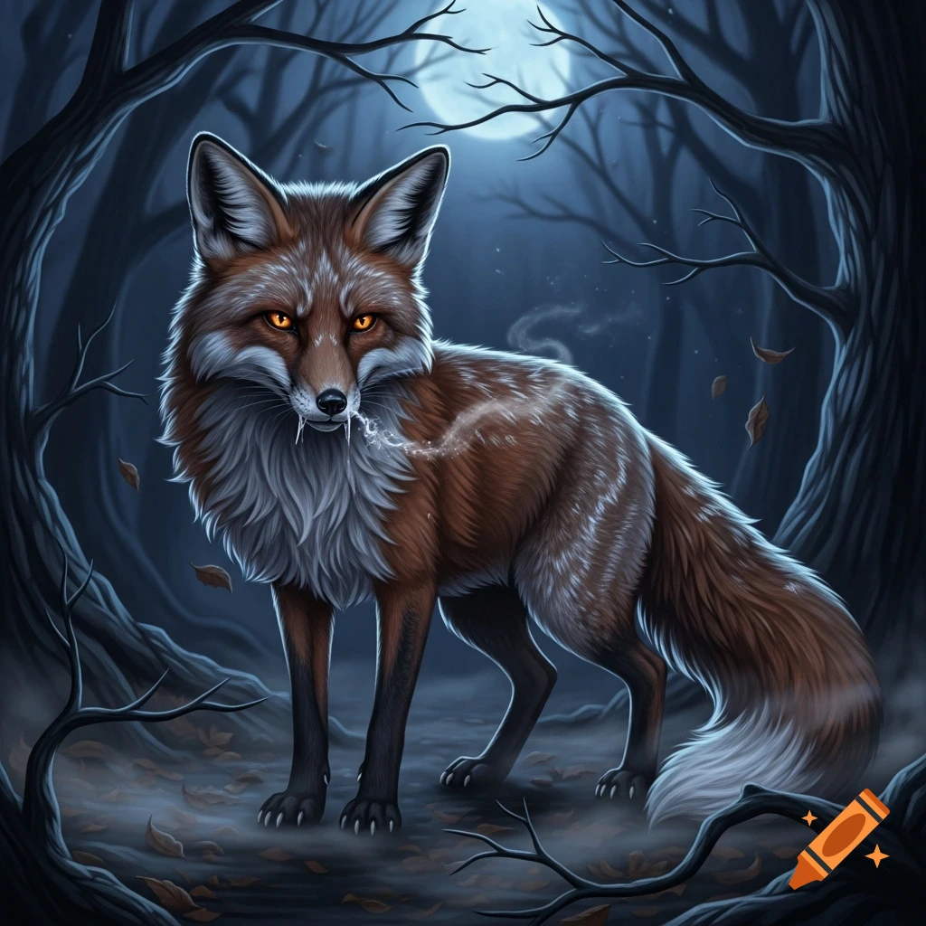 A stylized red fox with glowing orange eyes stands in a dark, eerie forest under a full moon, with wisps of mist around its snout.