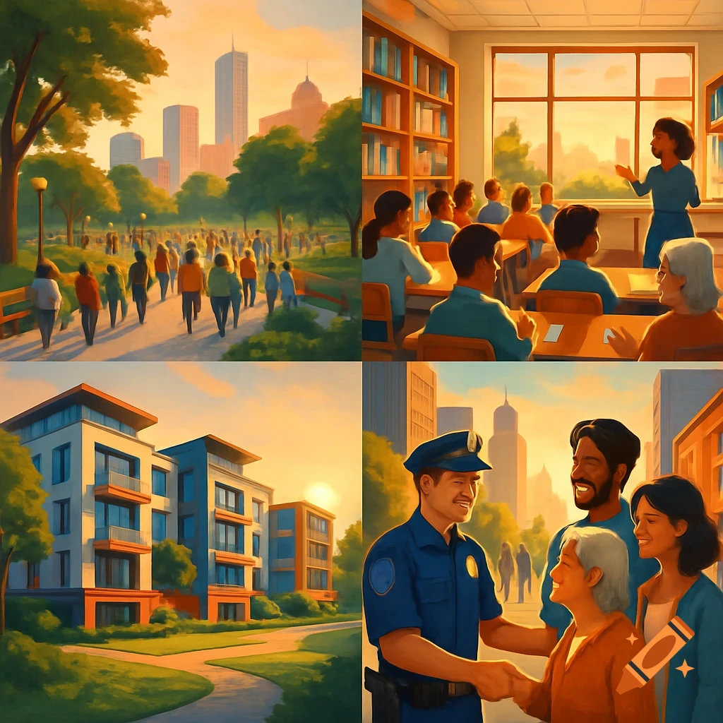 A four-panel illustration showing city life: people in a park, a classroom, apartment buildings, and a police officer shaking hands with a civilian, all bathed in warm sunset light.