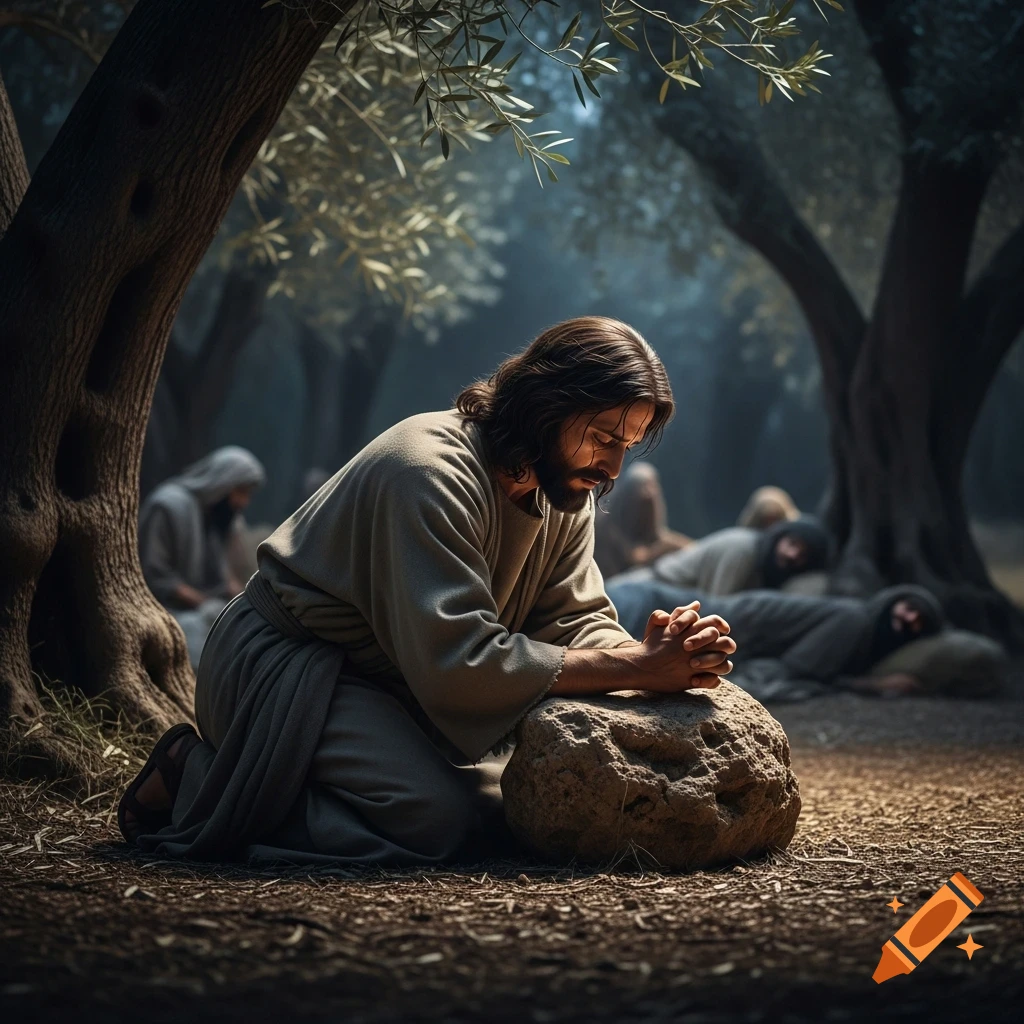 Jesus kneels in solemn prayer, hands clasped on a rock, in a dark olive grove, with sleeping figures behind him. Photorealistic.