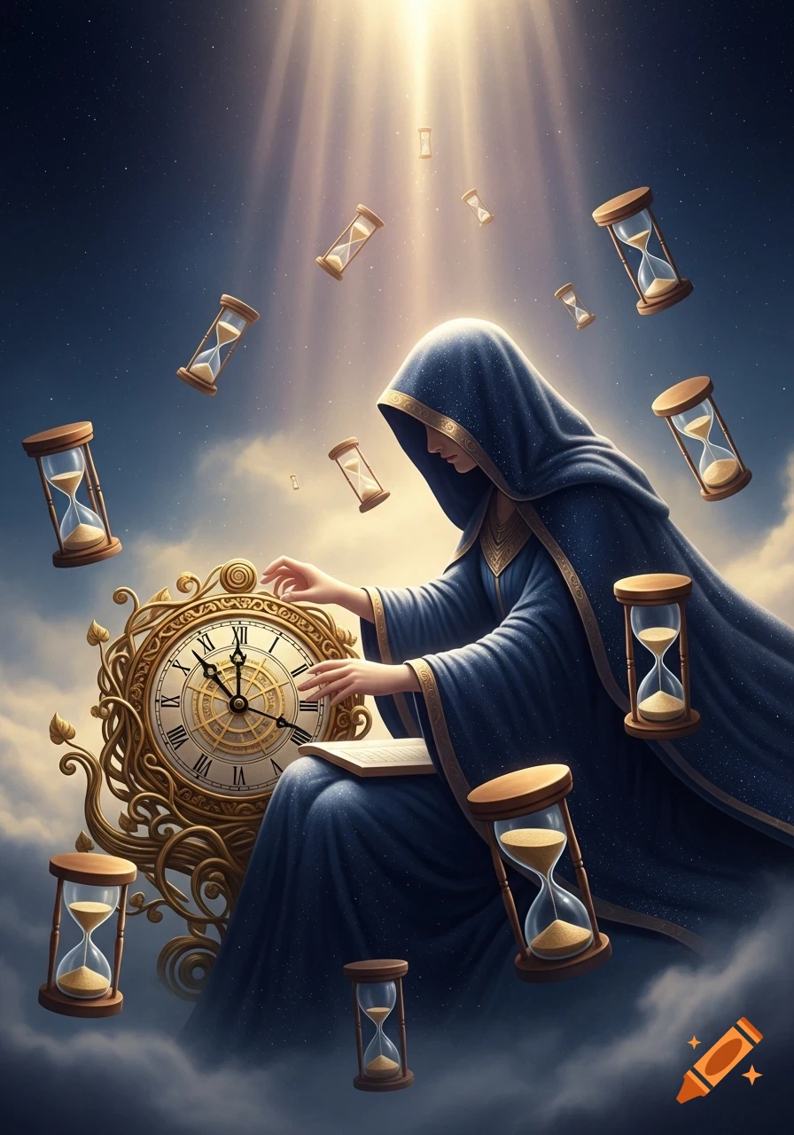 A hooded figure in a starry blue robe touches an ornate golden clock, surrounded by floating hourglasses in a celestial sky. Stylized digital art.