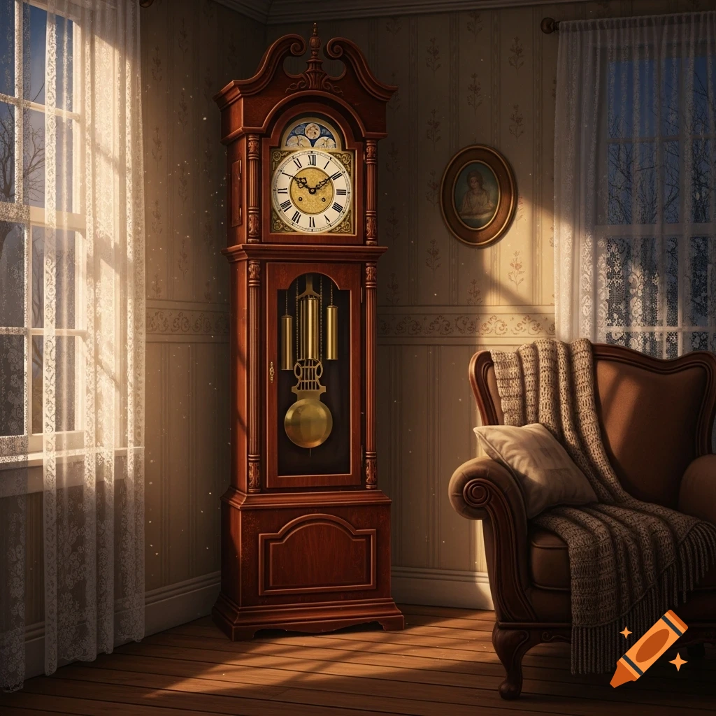 A grand antique grandfather clock stands in a cozy room with an armchair next to a window with lace curtains, bathed in sunlight.