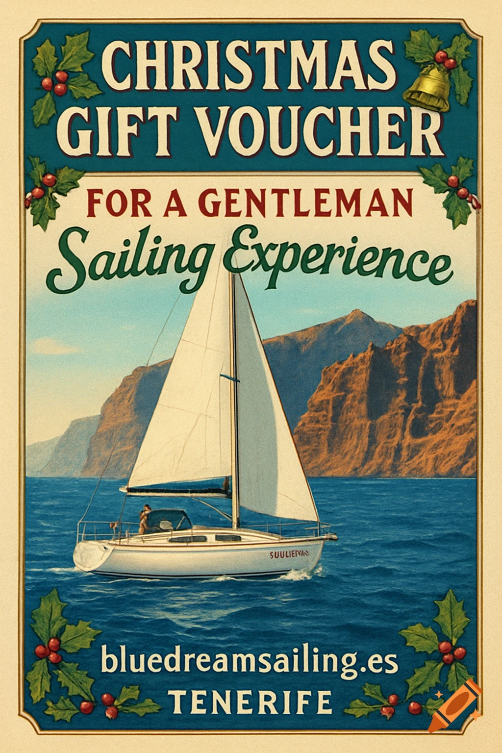 Vintage-style Christmas gift voucher for a sailing experience, featuring a white sailboat on blue water near rocky cliffs, decorated with holly and bells.