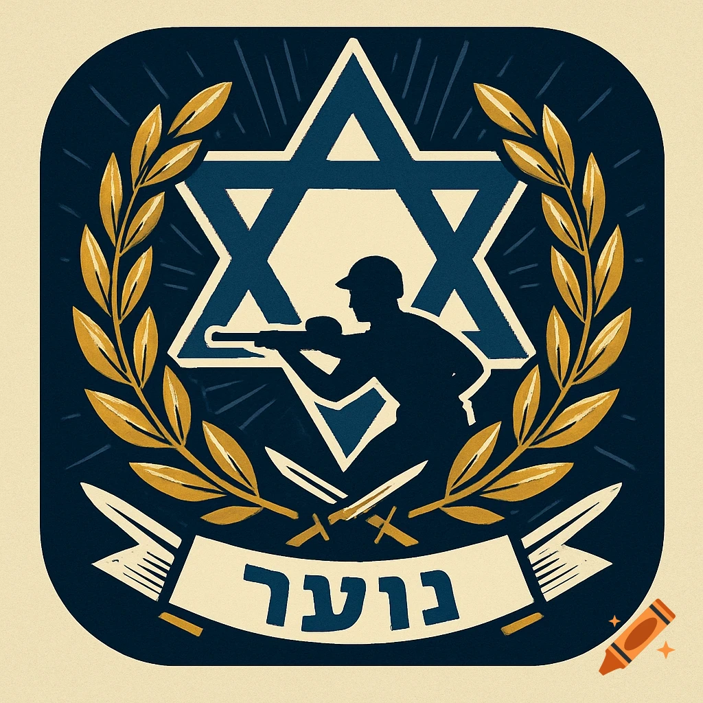 A stylized Israeli military youth club badge with a Star of David, soldier silhouette, crossed swords, olive branches, and Hebrew text.