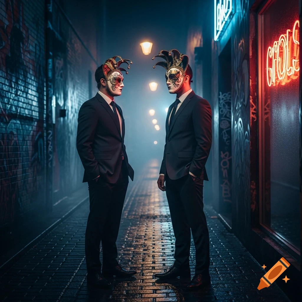 Two men in suits and elaborate jester masks stand facing each other in a foggy, neon-lit urban alley with graffiti, photorealistic.