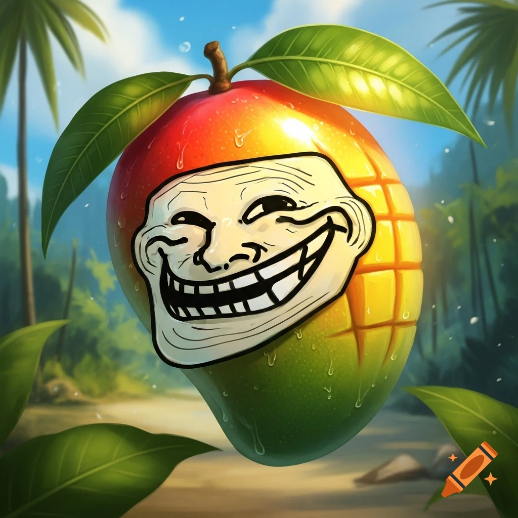 A vibrant mango with a mischievous trollface meme sticker, covered in water droplets, set against a lush jungle background.