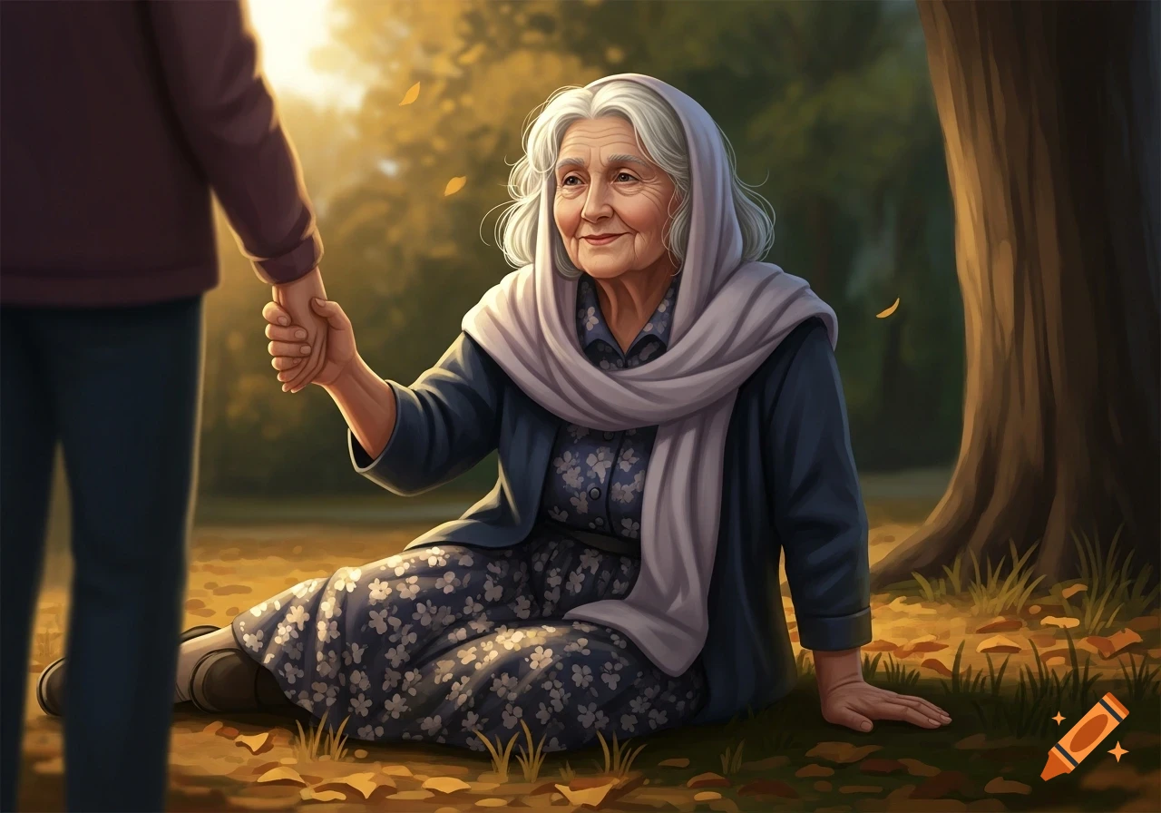 An old woman with grey hair and a scarf sits on the ground, holding the hand of a standing person in an autumnal outdoor illustration.