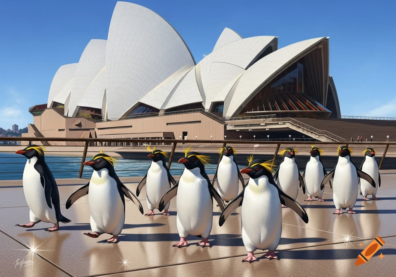 Snares penguins walk on a sunny promenade in front of the iconic Sydney Opera House.