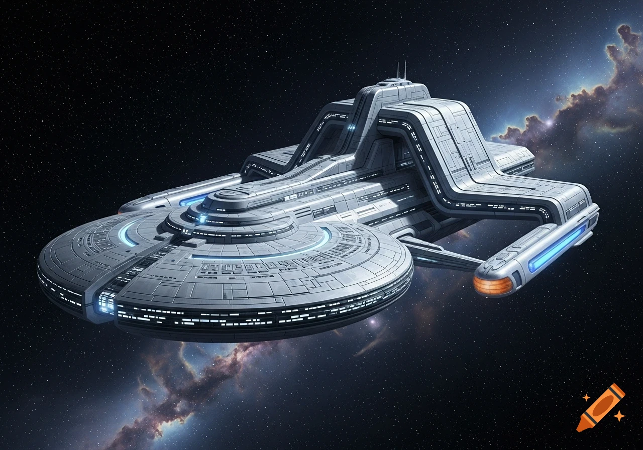 A detailed grey and white futuristic spaceship with blue glowing nacelles floats in a starry space with purple nebulae.