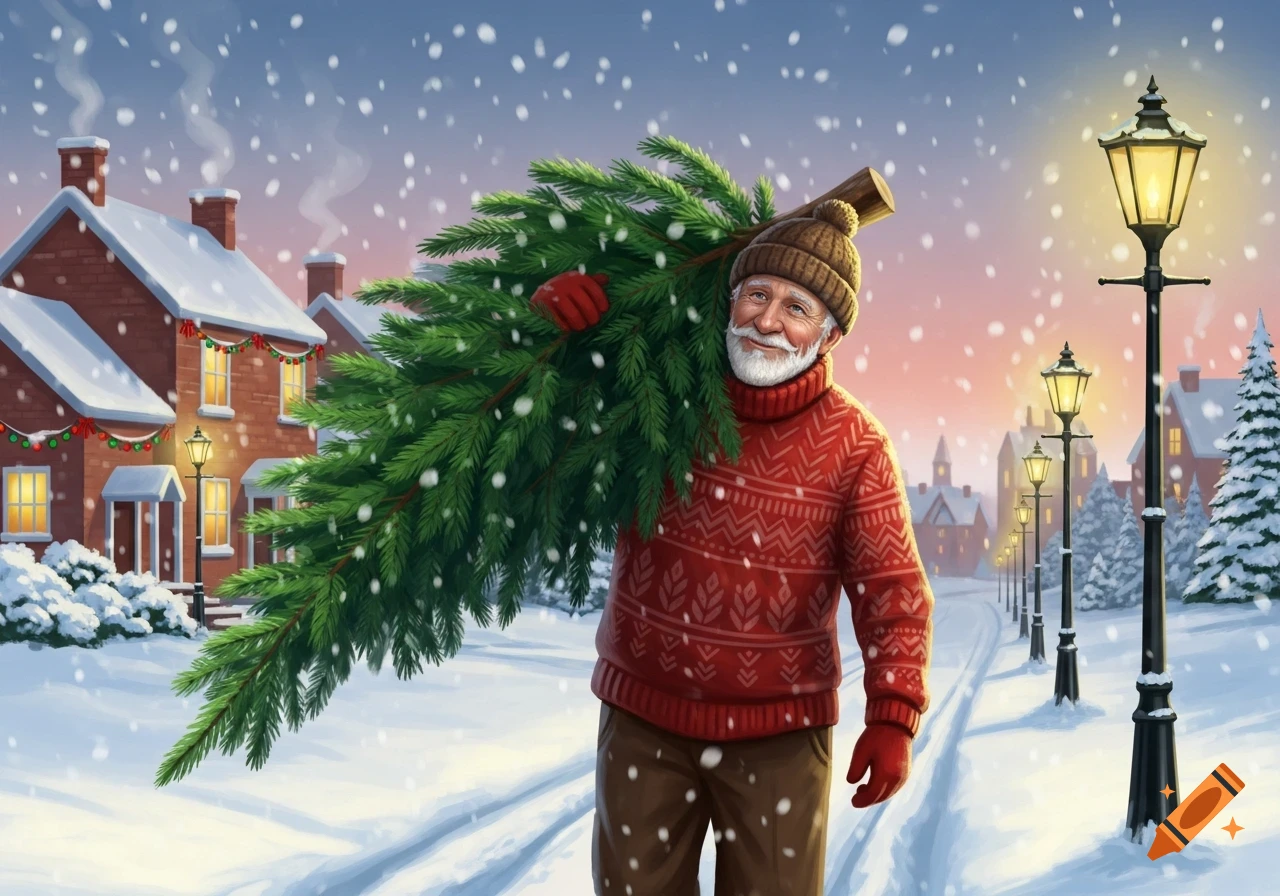 Smiling old man in a red sweater carries a Christmas tree down a snowy village street with festive houses, illustration.