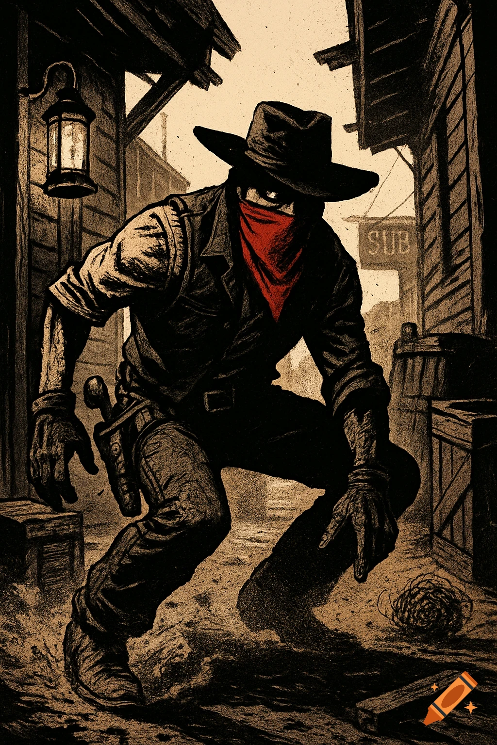 A masked cowboy in a black hat and red bandana crouches in a dusty Western alley, rendered in a graphic novel style with stark shadows.