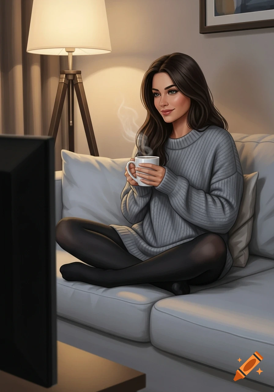 A woman with dark hair sits cross-legged on a couch, holding a steaming mug, watching TV in a cozy, softly lit room, illustrated.