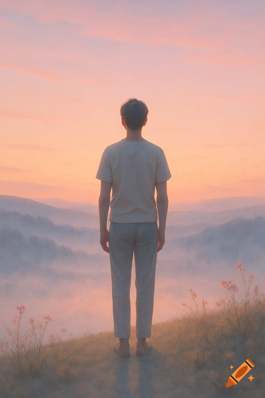 Person on a hill facing a pastel pink and orange sunset over misty mountains, tranquil landscape.