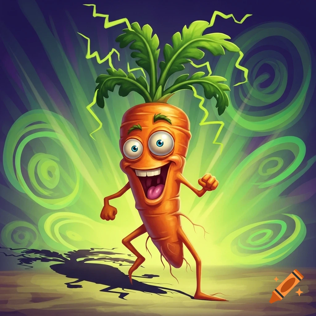 A vibrant, cartoonish, crazy-looking carrot character with a wide grin, big eyes, and leafy greens, surrounded by green energy.