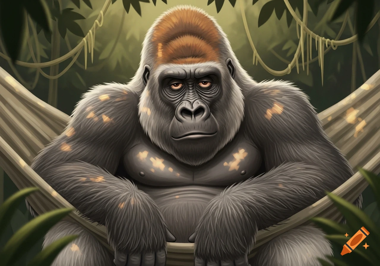 A tired-looking gorilla with a reddish-brown top sits in a hammock in a lush green jungle.