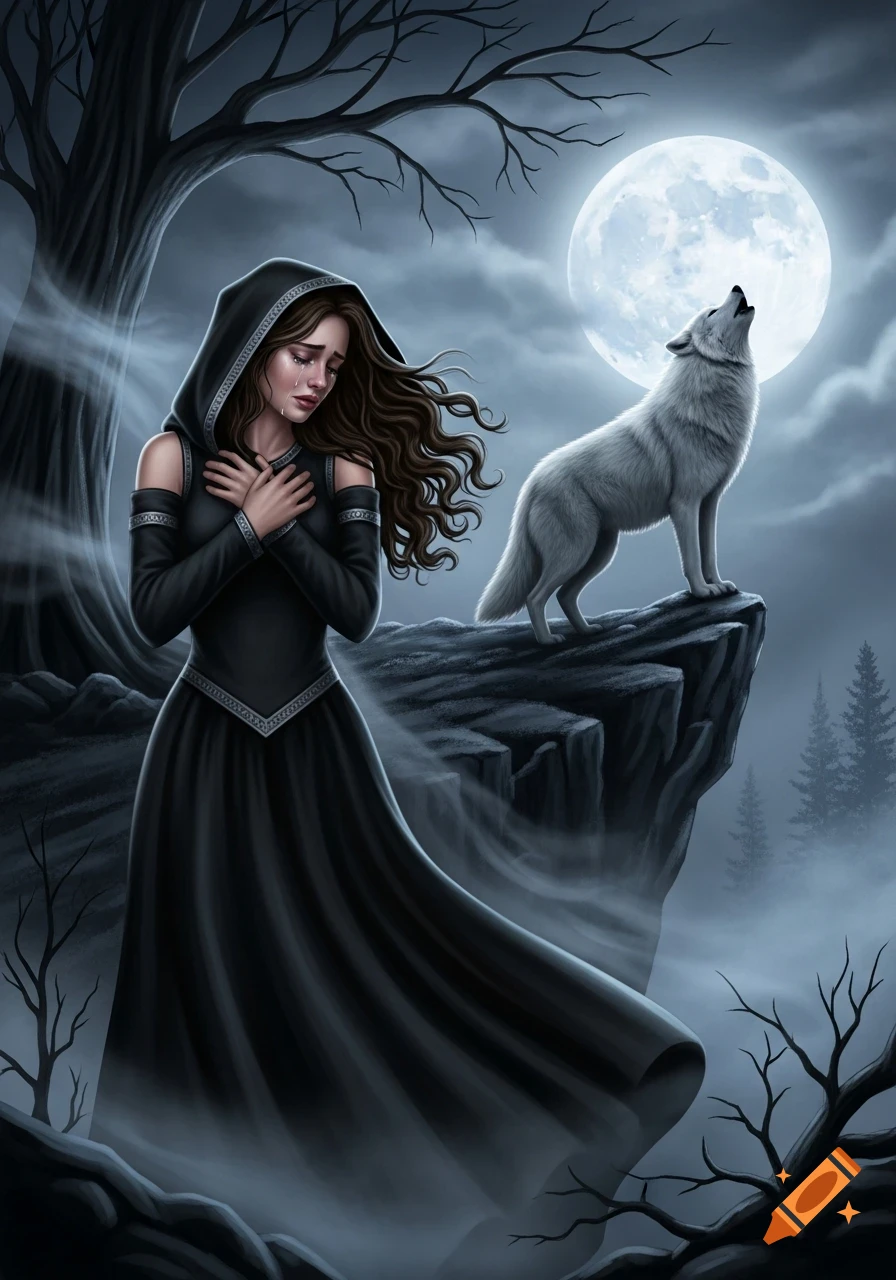 Crying woman in a black hooded dress stands in a dark forest, a white wolf howls at a full moon from a cliff, fantasy art.