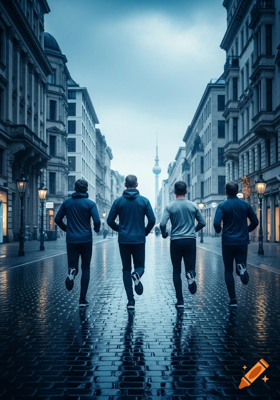Four men run down a wet, cobbled city street lined with buildings, with a distant tower visible under a dramatic sky.