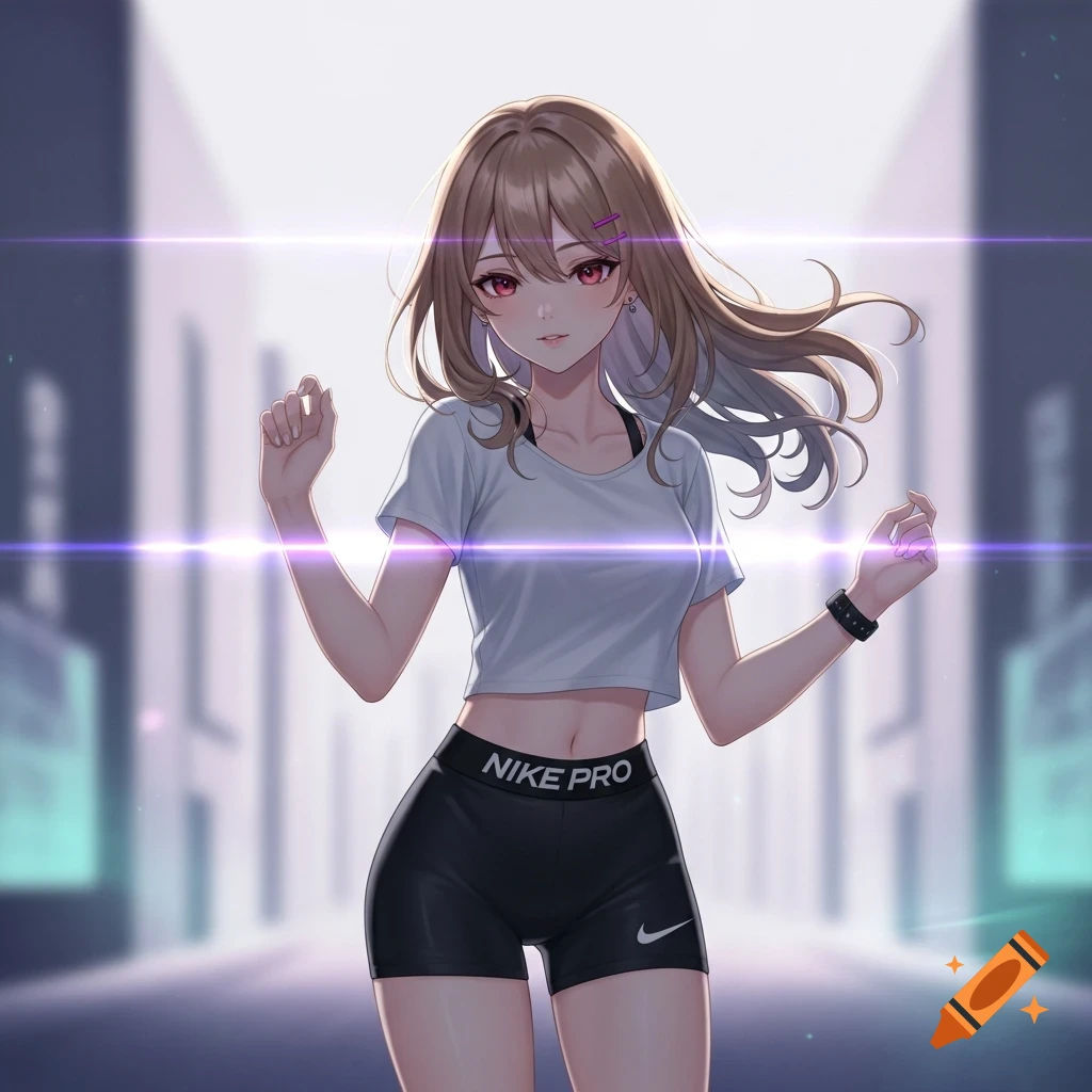 Anime girl with brown hair and red eyes in a white crop top and black Nike Pro shorts, standing in a bright urban setting.