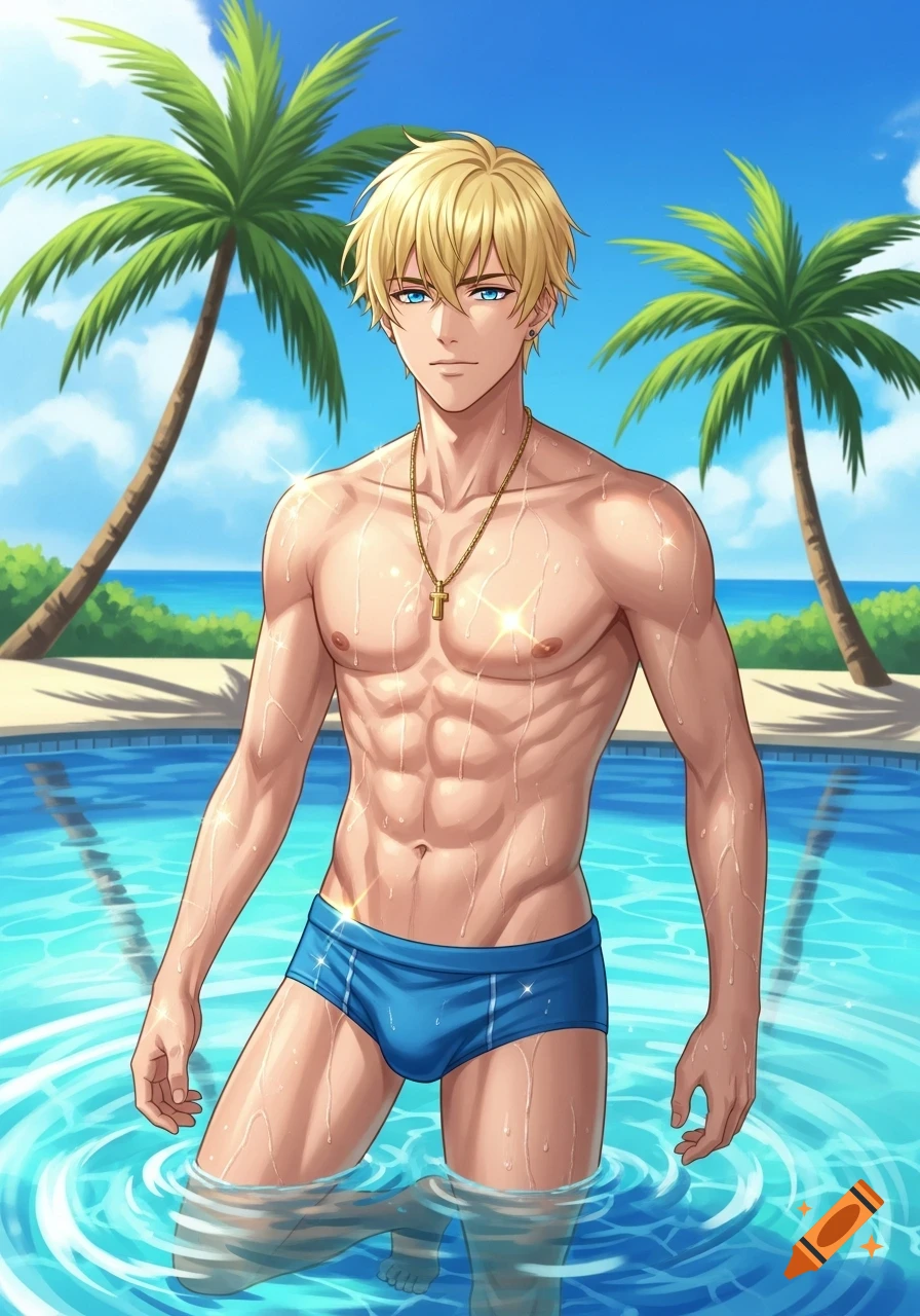 A muscular blonde young man with blue eyes, wearing blue speedos, stands in a swimming pool in an anime style.