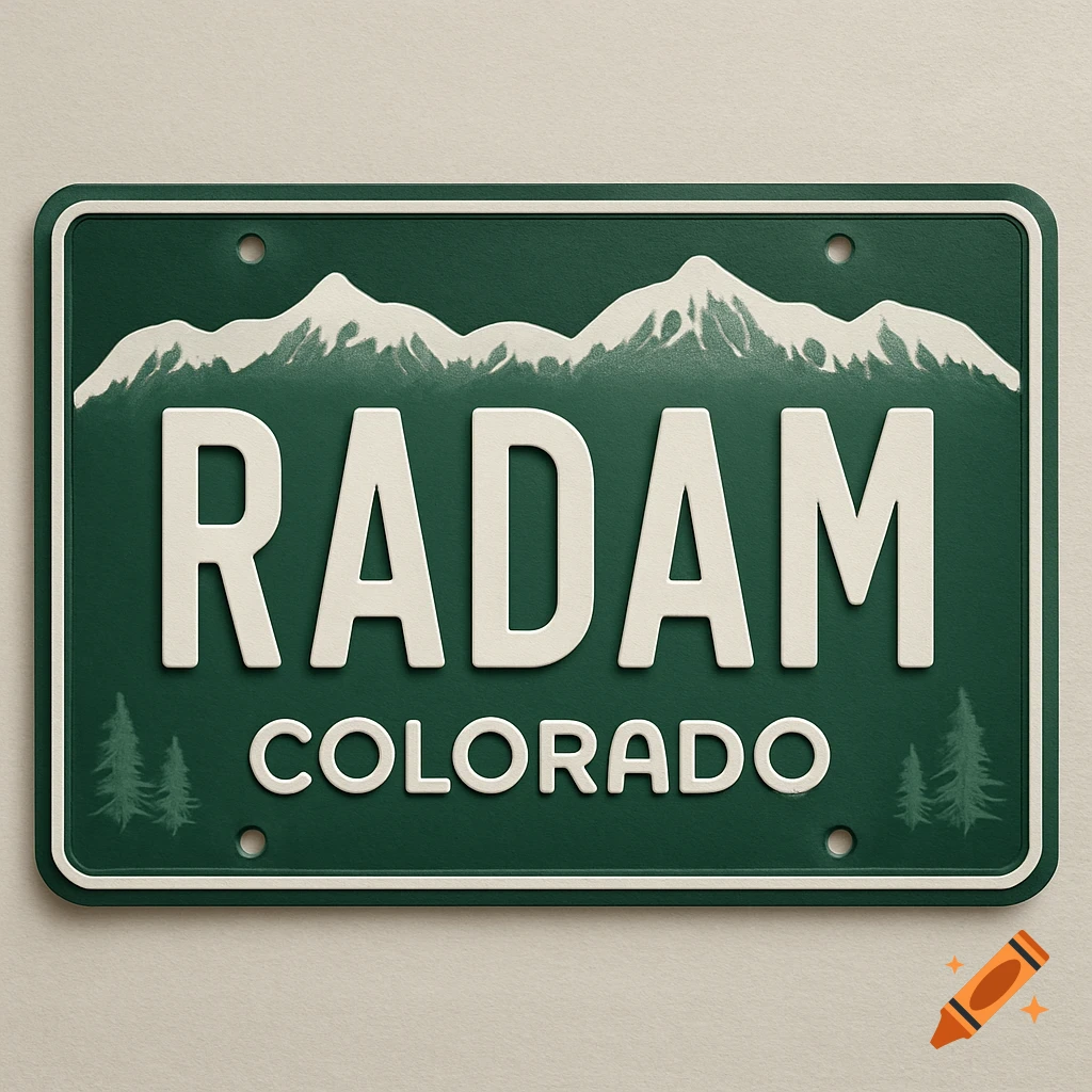 A green license plate with white text "RADAM" and "COLORADO", featuring stylized white mountains and green pine trees.