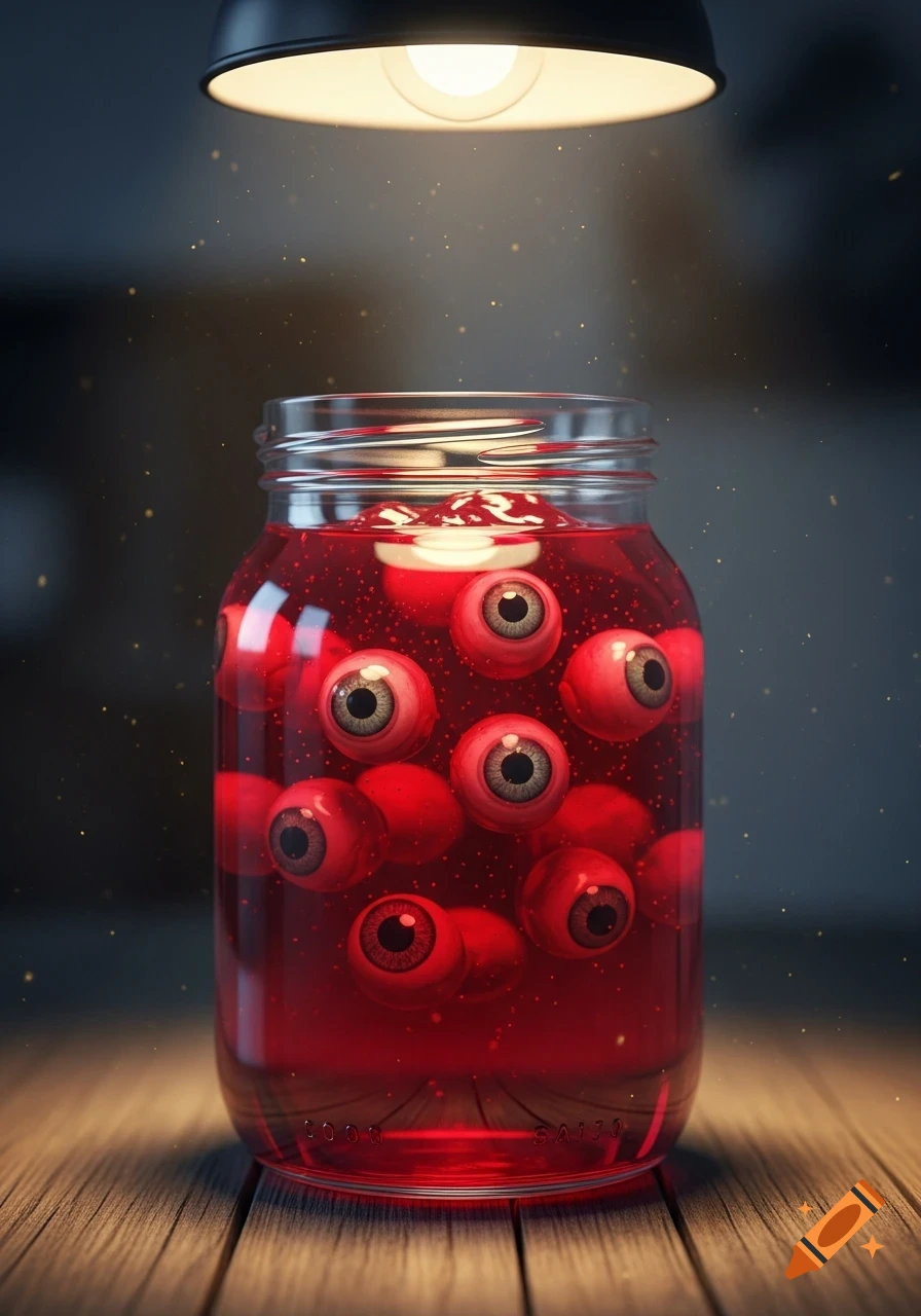 A close-up of a glass jar filled with red liquid and realistic human-like eyeballs, illuminated by an overhead lamp, on a wooden table.