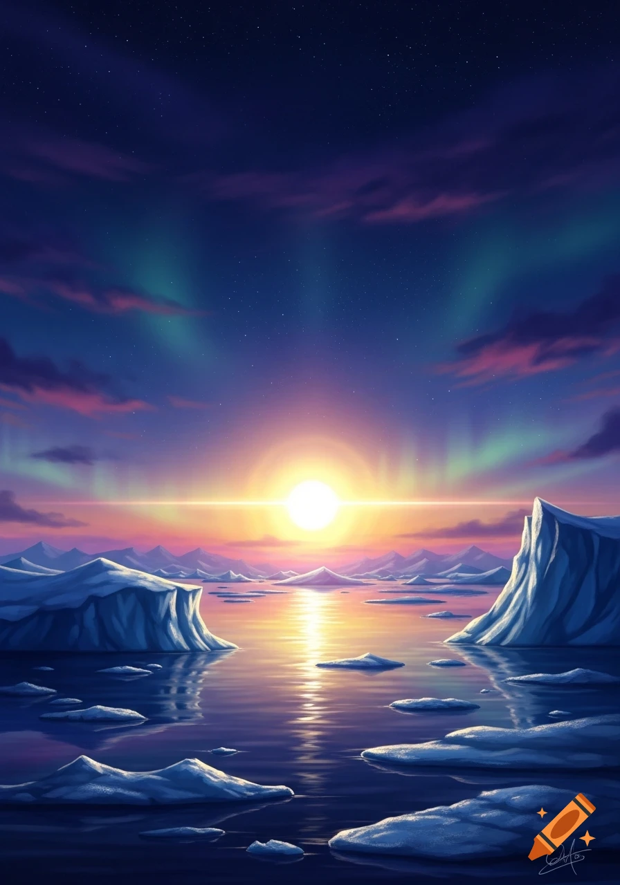 Stylized arctic landscape with a bright midnight sun reflecting on calm water, icebergs, and a starry sky with aurora borealis.