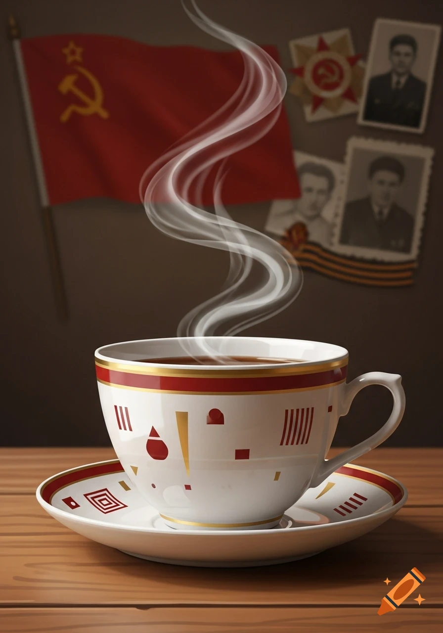 A steaming teacup and saucer on a wooden table, with a red Soviet flag, medals, and old black and white photos blurred in the background.