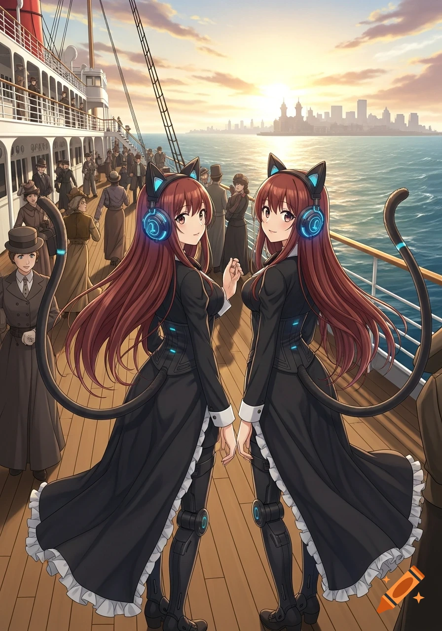 Two anime girls with cat ears, headphones, and cybernetic tails stand on a passenger ship at sunset, with a cityscape in the background.