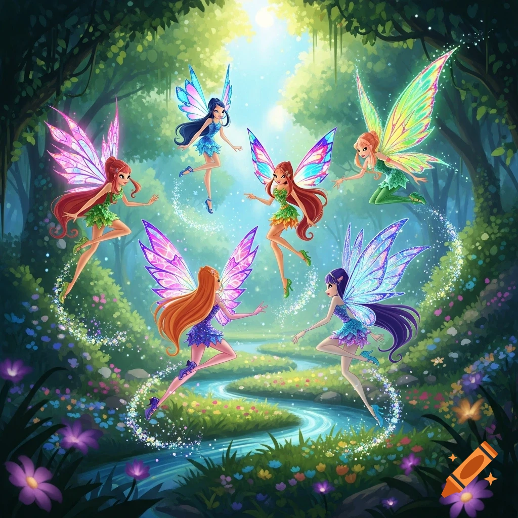 Six vibrant fairies with iridescent wings fly and dance through a magical, lush green forest with a river and sparkling trails.
