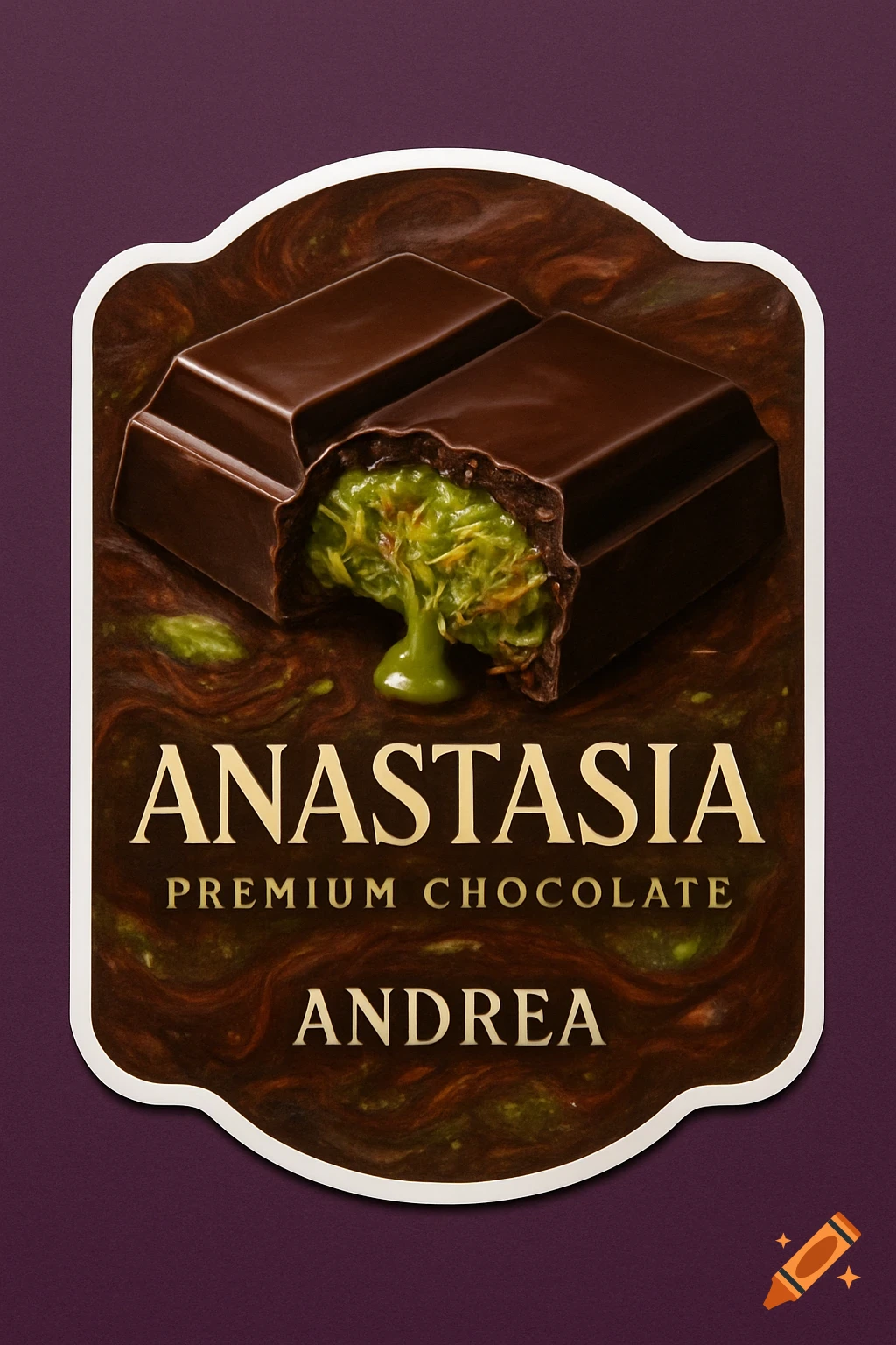 Hyper-realistic image of a premium chocolate bar with a rich pistachio kadaif filling, featured on a decorative label with text "Anastasia Premium Chocolate Andrea" on a dark, swirling background.