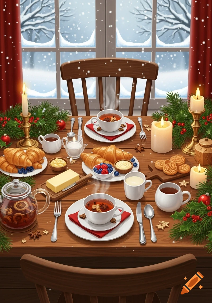 A festive breakfast table laden with croissants, berries, tea, butter, and lit candles, set against a snowy window scene with red curtains and holly decorations.