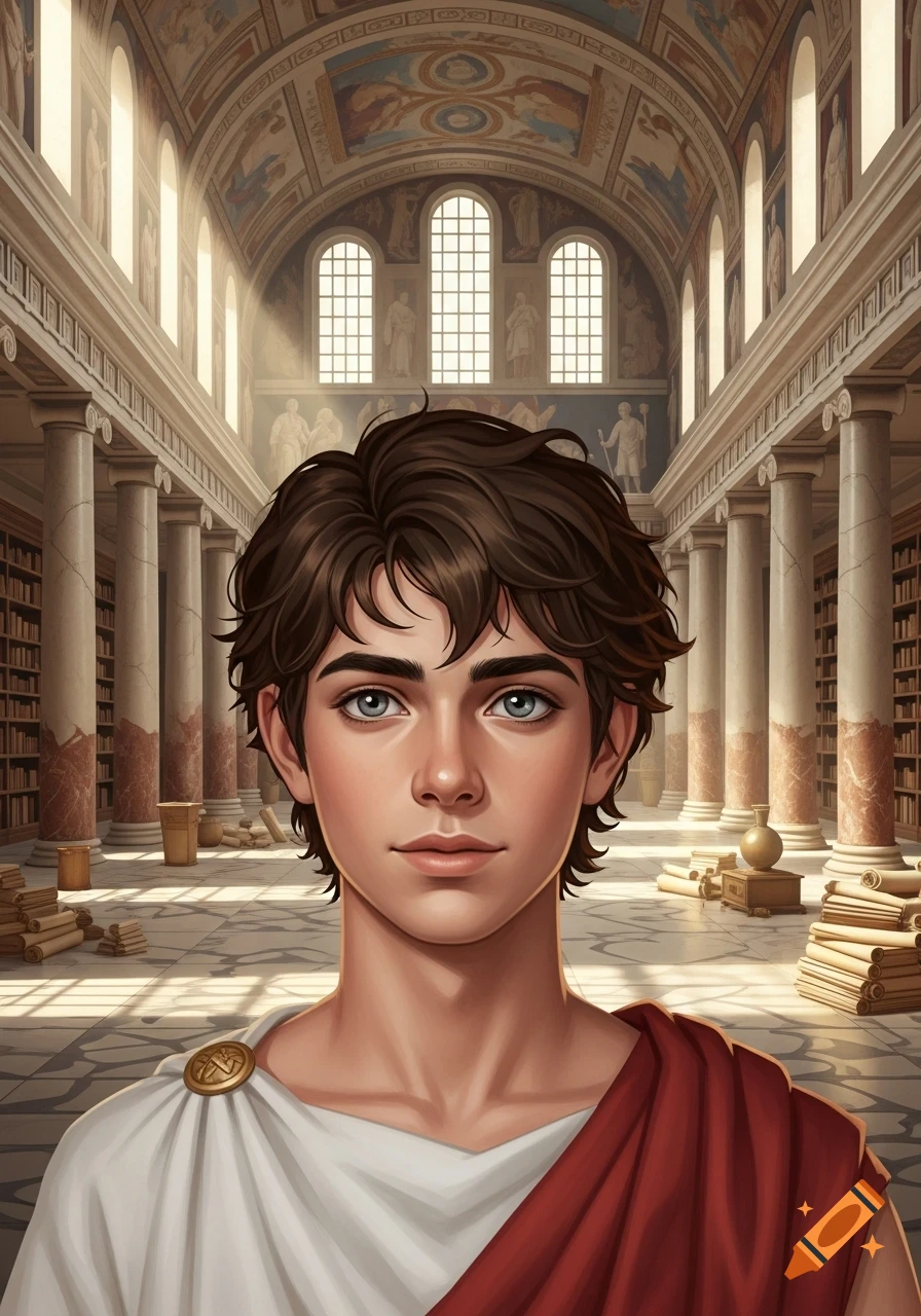 Digital art portrait of a young man with messy brown hair and gray-blue-green eyes, wearing a toga in an ancient Greek library.