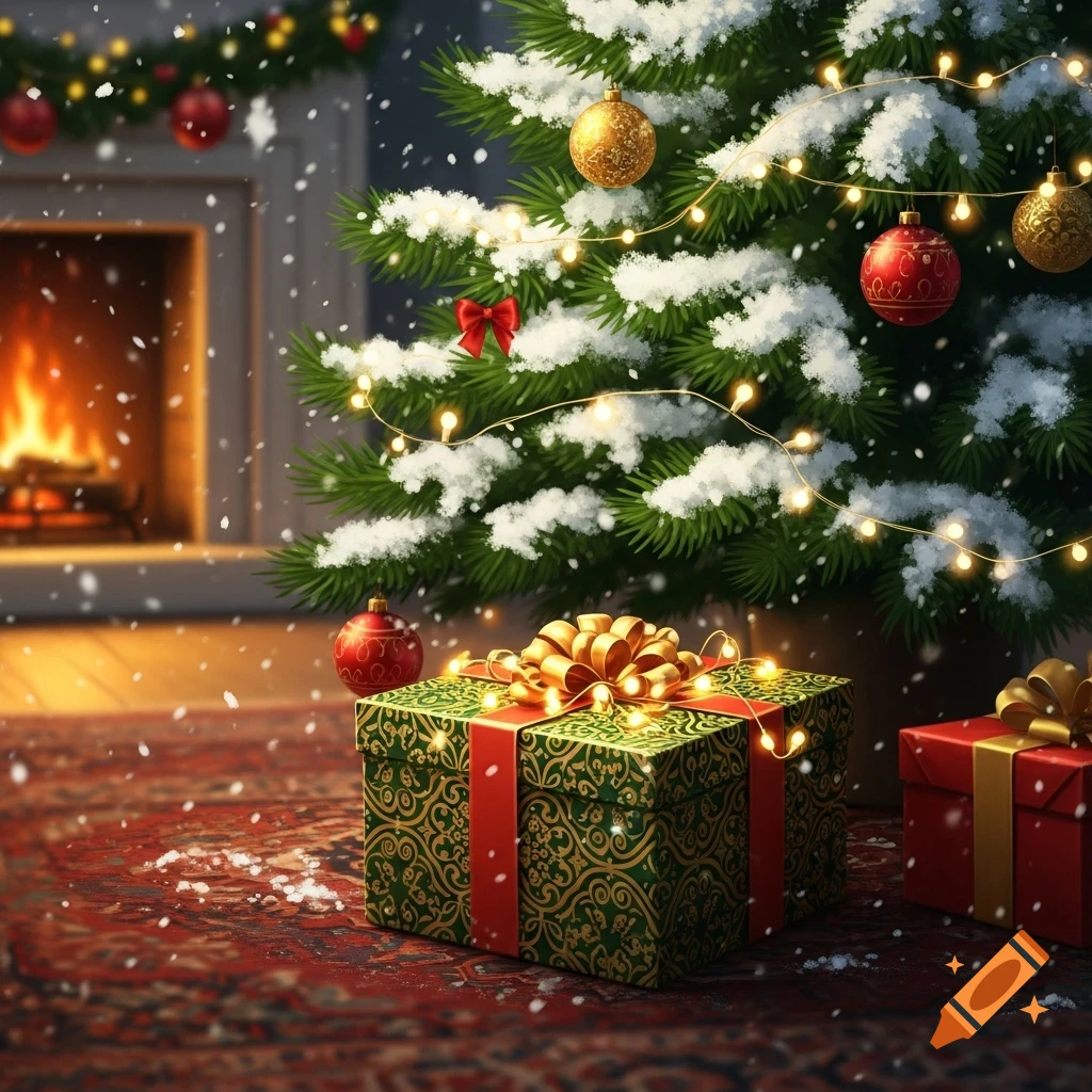 A festive Christmas scene with a snow-dusted tree, wrapped gifts, and a warm fireplace, as snow falls indoors.