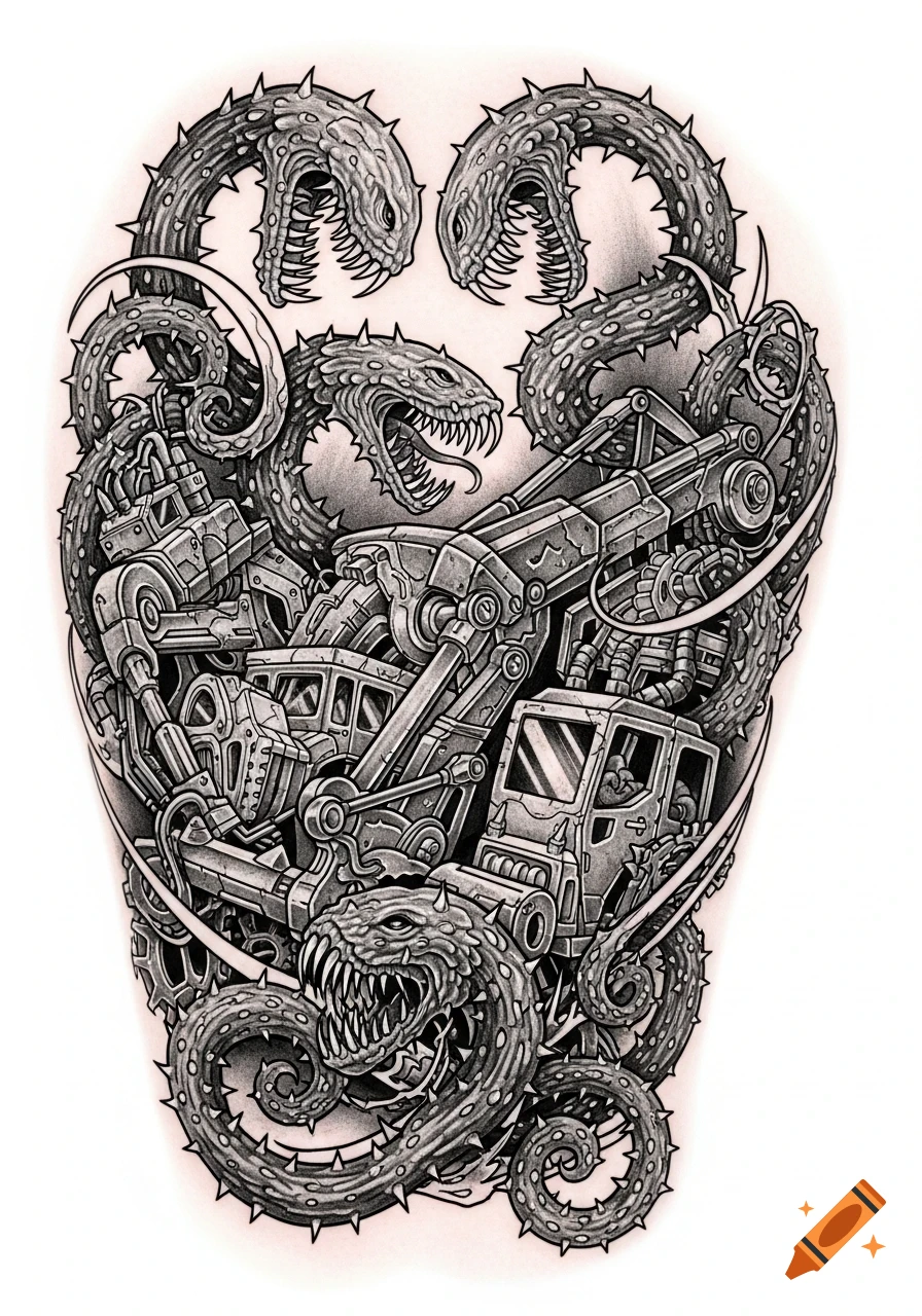 Black and white tattoo art of spiked, monstrous worms attacking heavy construction machinery.