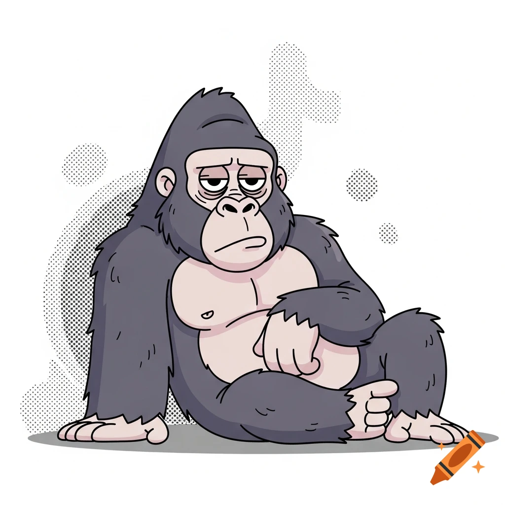 A cartoon gorilla with a tired, bored expression and half-lidded eyes, sitting with a lazy posture on a white background with halftone dot patterns.