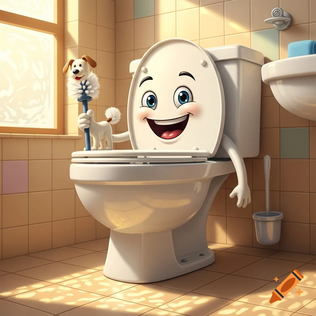 A happy cartoon toilet bowl with a smiling face and arms, holding a dog-shaped toilet brush, in a sunlit bathroom.