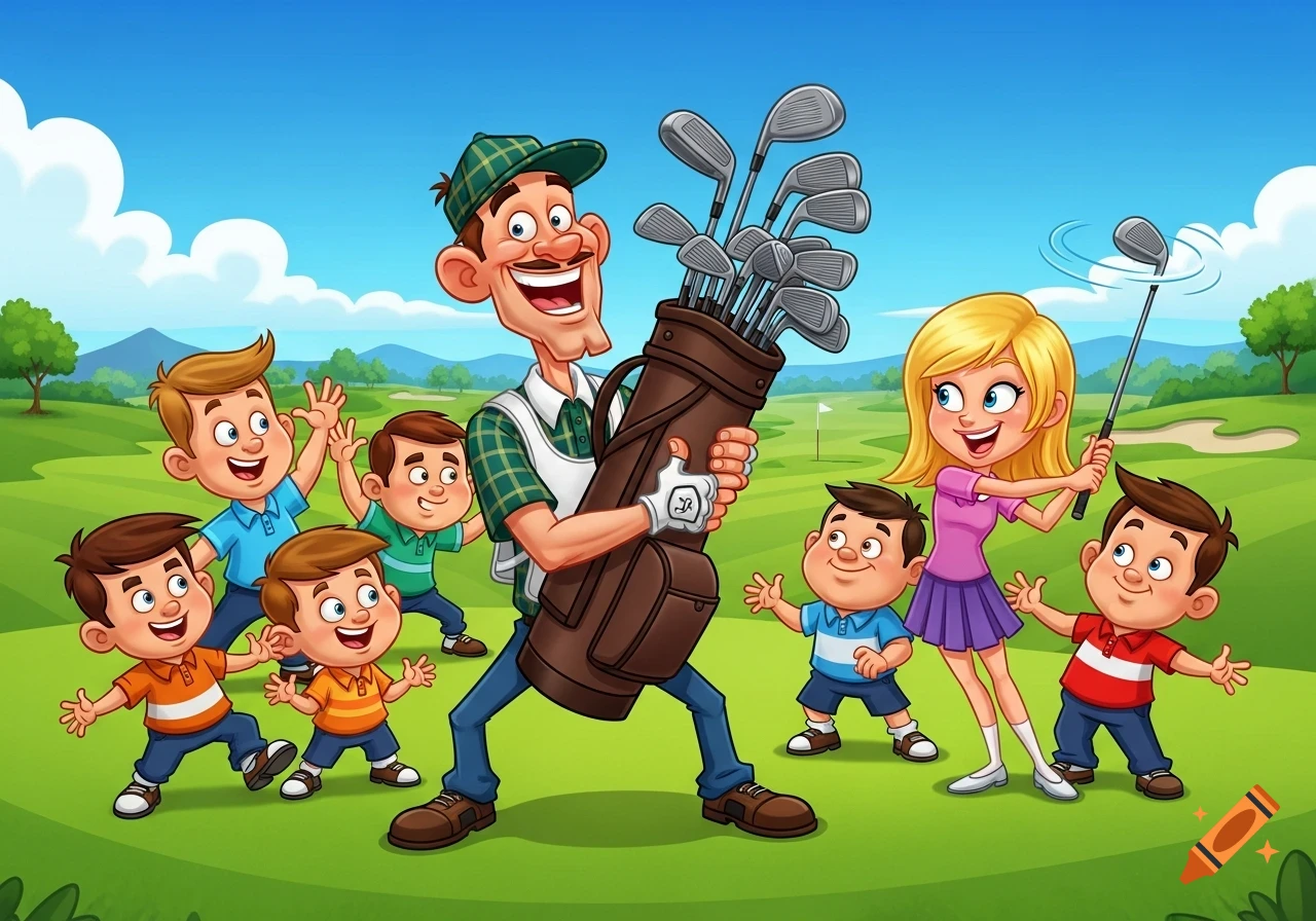 A cheerful cartoon golf caddy holding a golf bag, surrounded by happy children, including a girl swinging a club, on a sunny golf course.