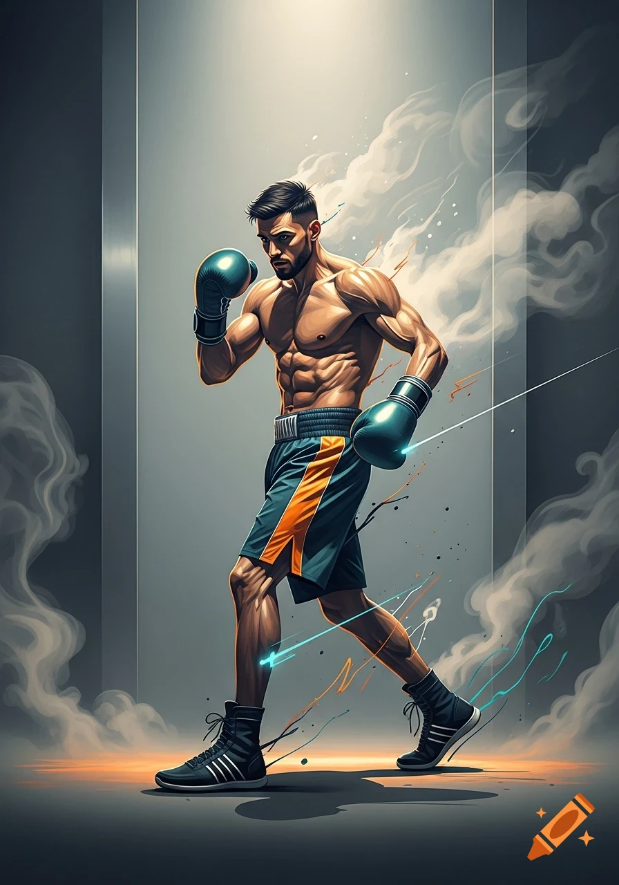 A muscular male boxer in blue shorts and teal gloves in a dynamic pose with smoky effects on a gray background, digital art.