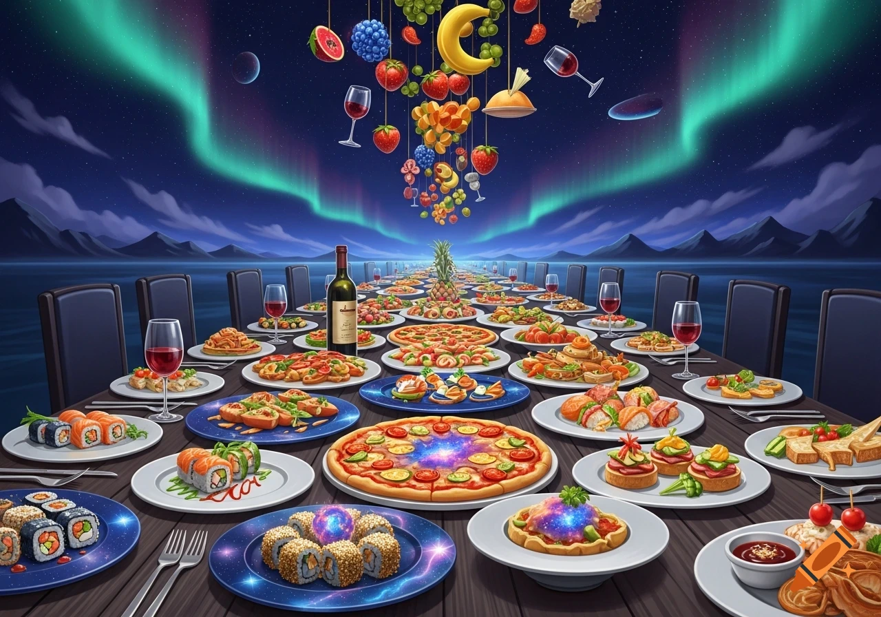 A vibrant fantasy feast with diverse dishes, sushi, and galaxy-themed pizza on a long table, set under a starry night sky with aurora borealis and floating fruits.