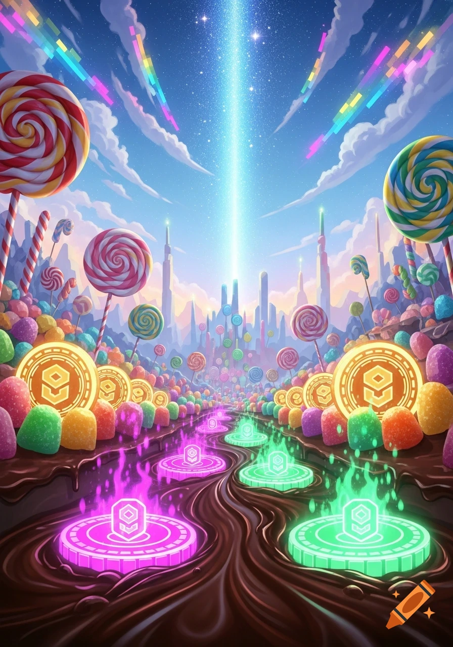 A vibrant, fantastical Candyland with giant lollipops, colorful candies, a chocolate river with glowing crypto symbols, and a light beam.