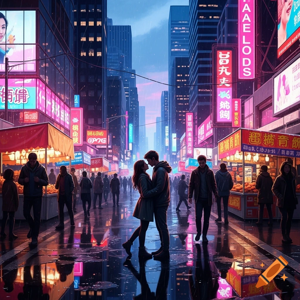 A couple embraces on a wet city street at night, illuminated by vibrant neon signs reflected in puddles, surrounded by a blurry crowd.