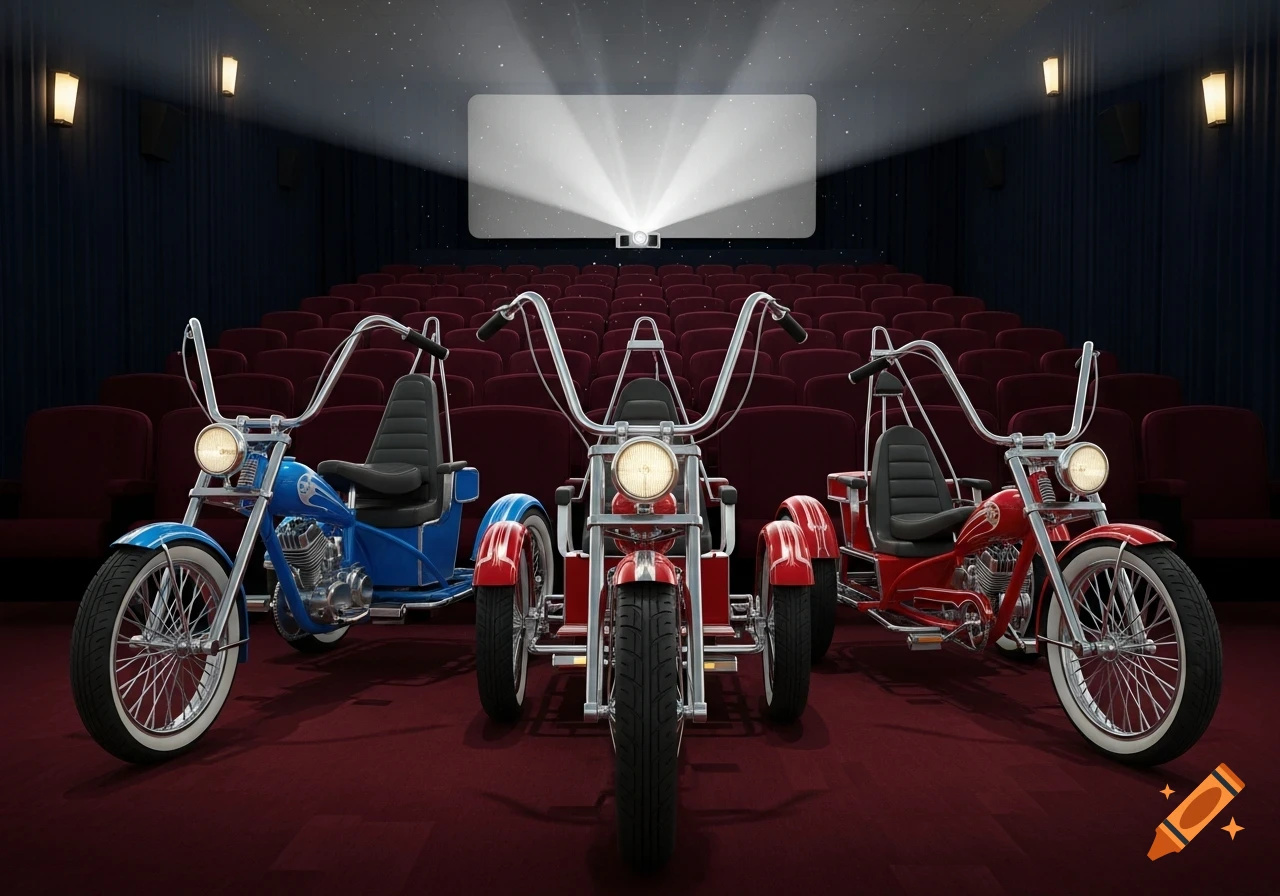 Three custom trike motorcycles, one blue and two red, parked on a red carpet in a movie theater with a projector shining on a blank screen.