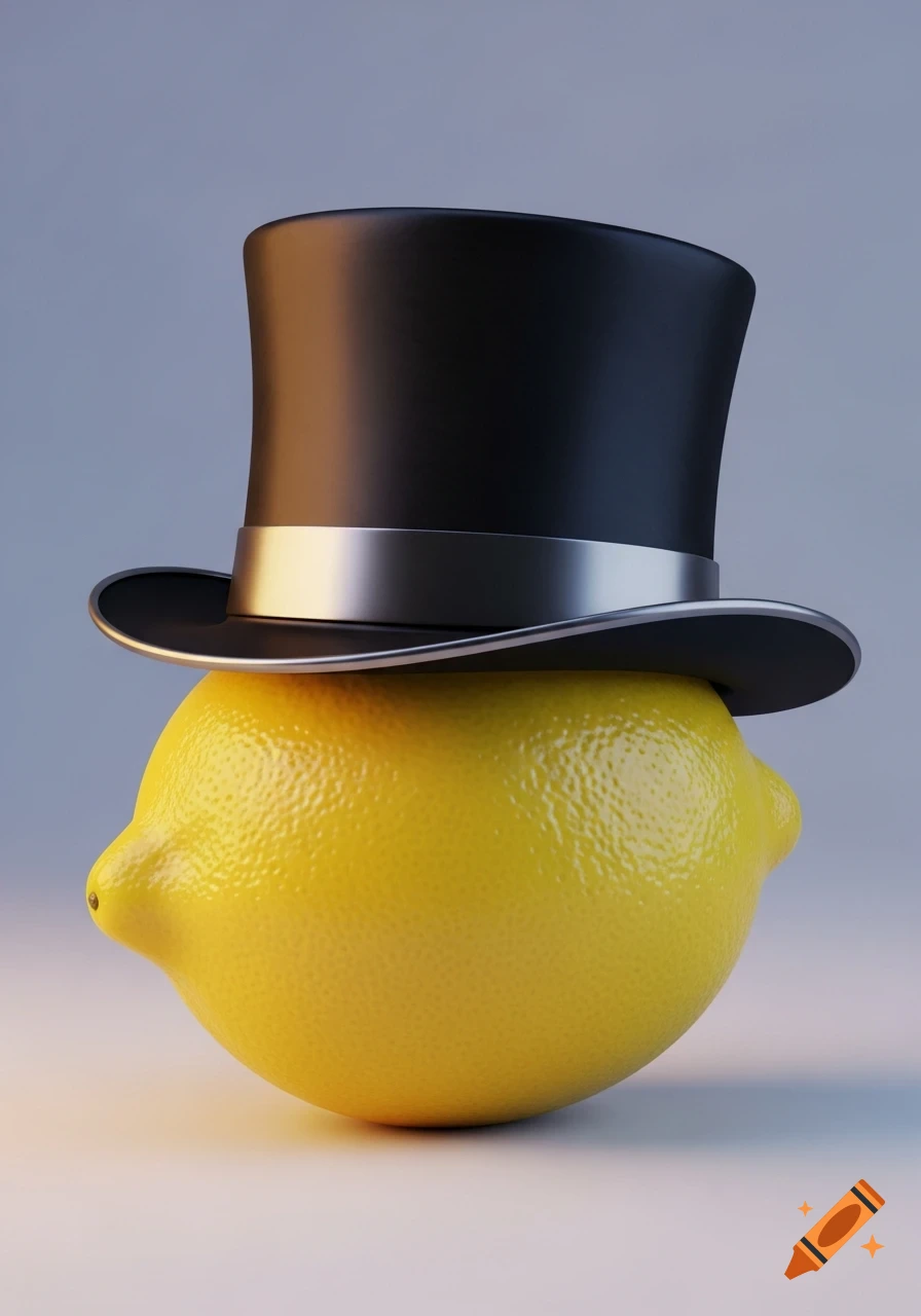 A photorealistic yellow lemon wears a black top hat with a silver band.