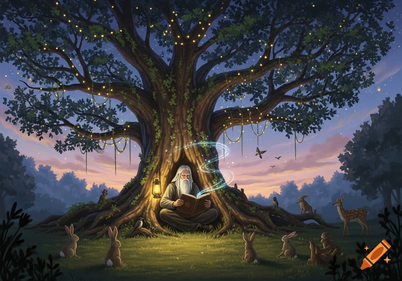 An old man with a long beard reads a magical book under a giant, illuminated tree, surrounded by forest animals at dusk. Fantasy art.