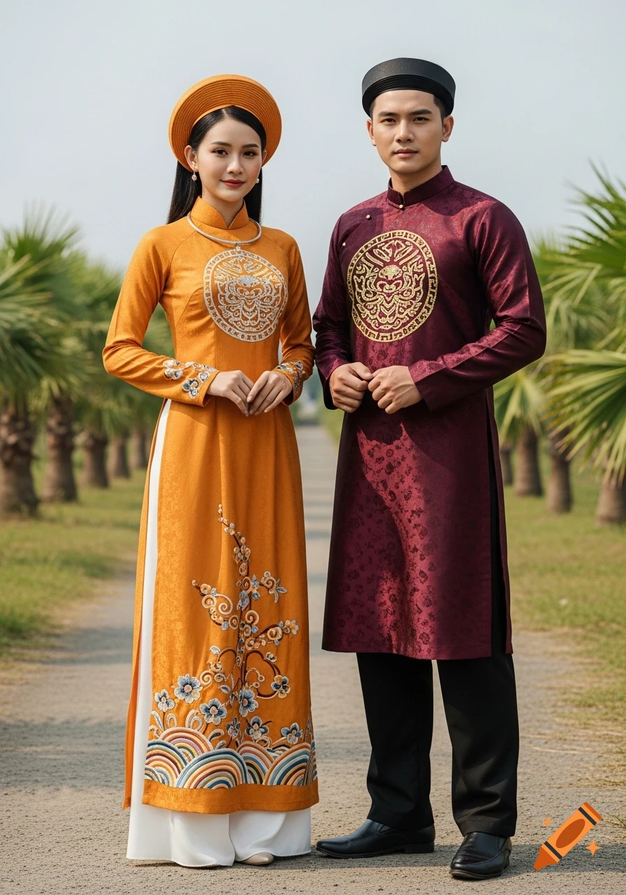 A man and a woman in traditional Vietnamese attire stand outdoors on a path, surrounded by palm trees.