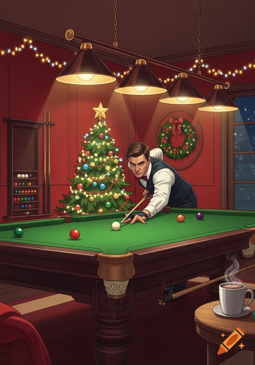 An illustration of a man playing billiards in a festive room with a decorated Christmas tree and string lights.