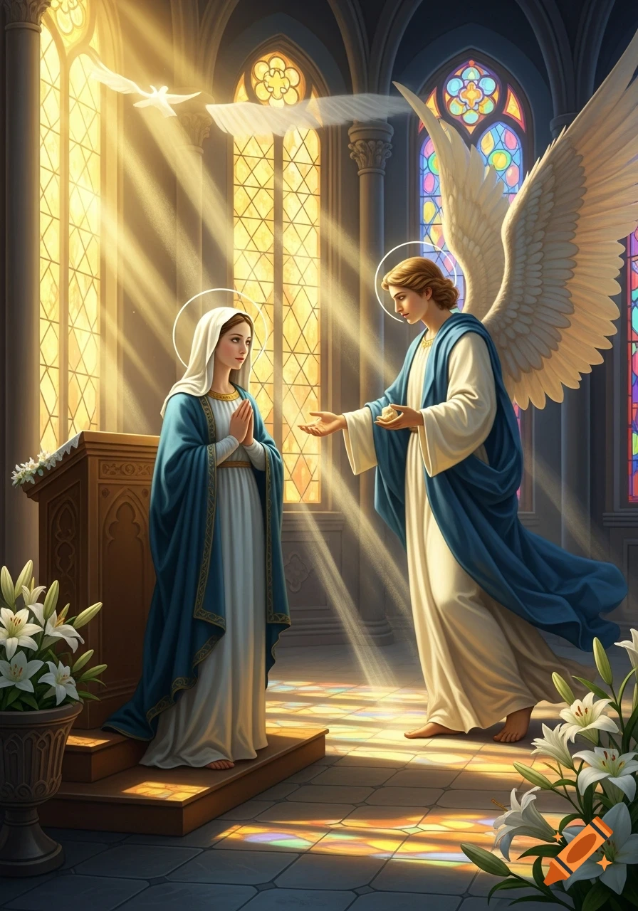 Digital painting of the Archangel Gabriel announcing to the Virgin Mary in a brightly lit cathedral with stained glass windows.
